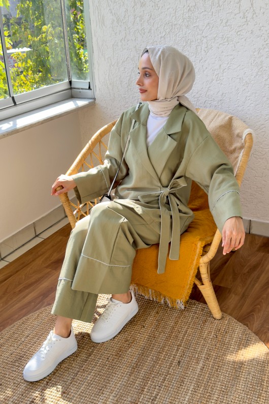 2173 Biye Detaylı Kimono Takım - HAKİ