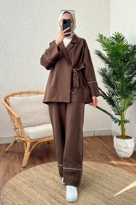 2173 Biye Detaylı Kimono Takım - KAHVERENGİ