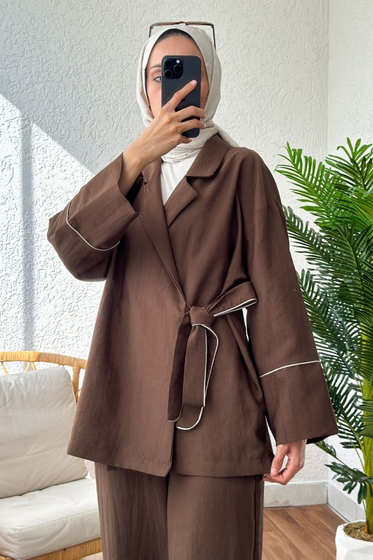 2173 Biye Detaylı Kimono Takım - KAHVERENGİ