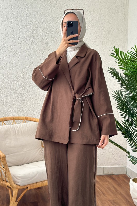 2173 Biye Detaylı Kimono Takım - KAHVERENGİ