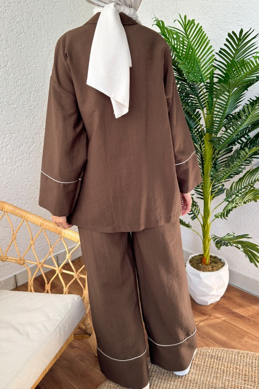 2173 Biye Detaylı Kimono Takım - KAHVERENGİ