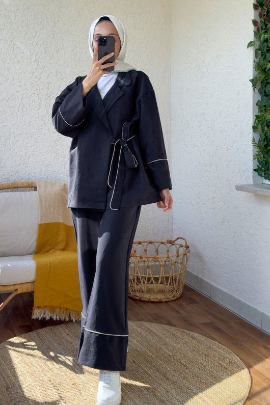 2173 Biye Detaylı Kimono Takım - LACİVERT