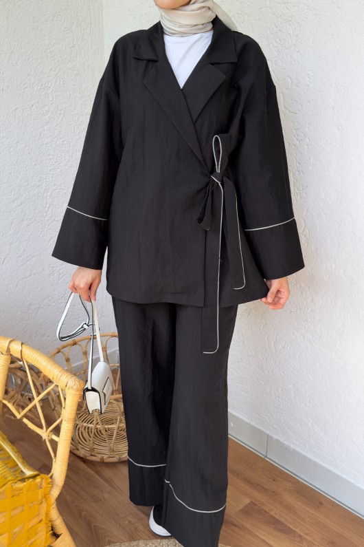 2173 Biye Detaylı Kimono Takım - SİYAH