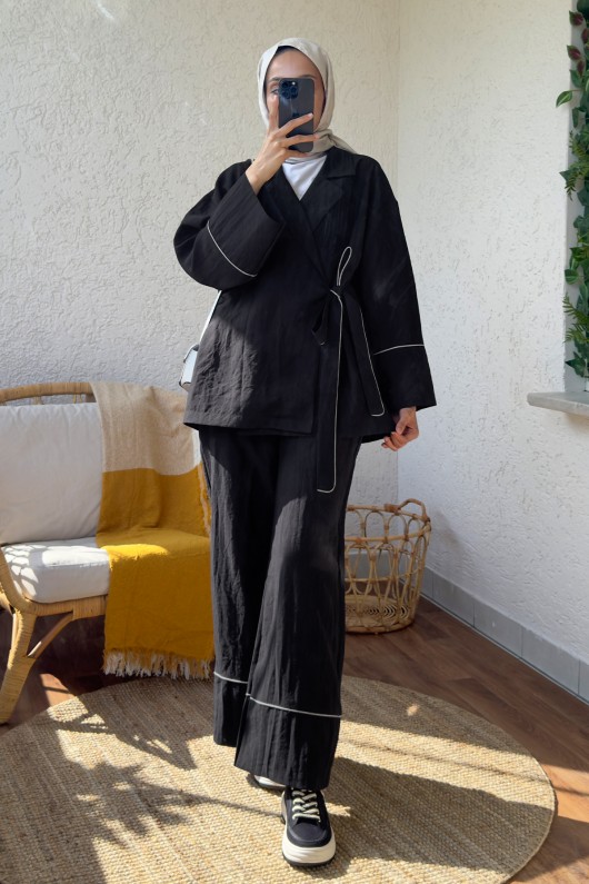 2173 Biye Detaylı Kimono Takım - SİYAH