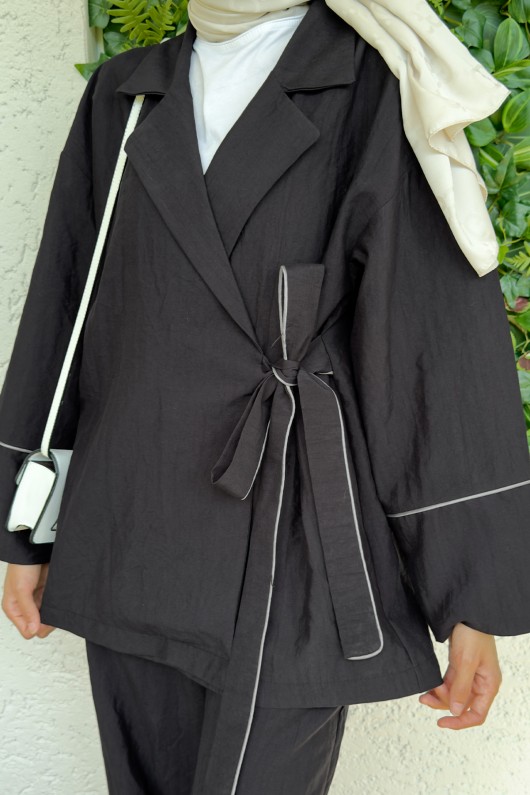 2173 Biye Detaylı Kimono Takım - SİYAH