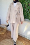 2173 Biye Detaylı Kimono Takım - TAŞ RENGİ