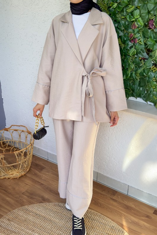 2173 Biye Detaylı Kimono Takım - TAŞ RENGİ
