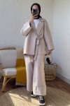 2173 Biye Detaylı Kimono Takım - TAŞ RENGİ