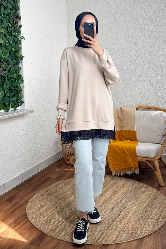 2176 Eteği Tül Detaylı Tunik - TAŞ