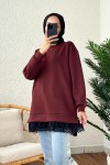 2176 Eteği Tül Detaylı Tunik - BORDO