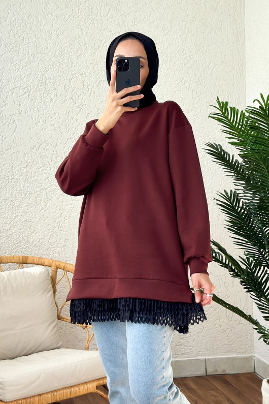 2176 Eteği Tül Detaylı Tunik - BORDO