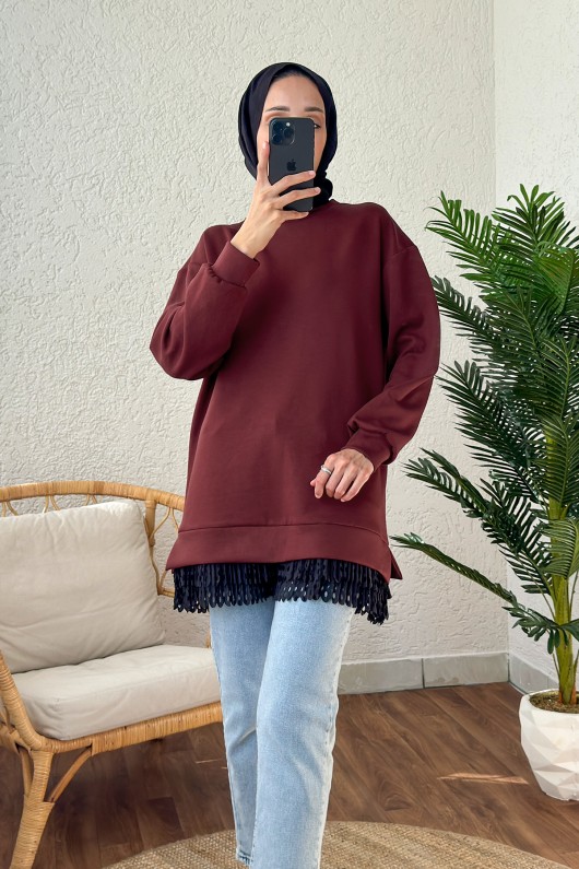 2176 Eteği Tül Detaylı Tunik - BORDO