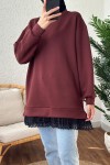 2176 Eteği Tül Detaylı Tunik - BORDO