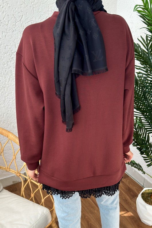 2176 Eteği Tül Detaylı Tunik - BORDO