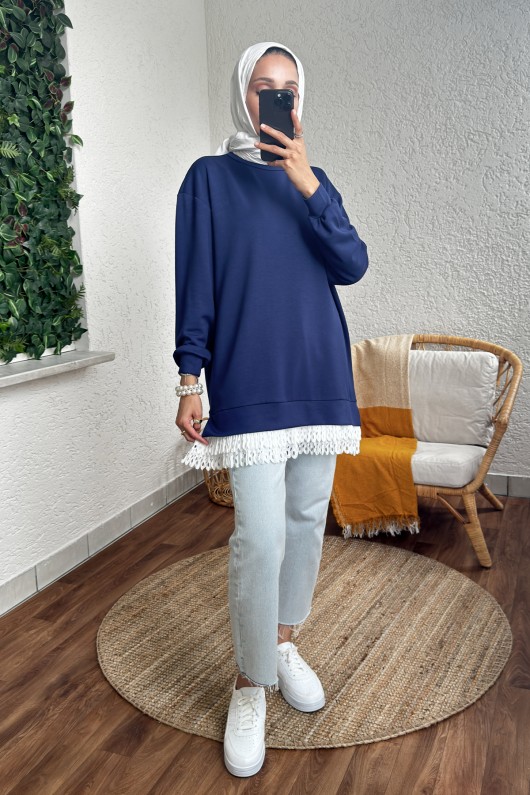 2176 Eteği Tül Detaylı Tunik - LACİVERT