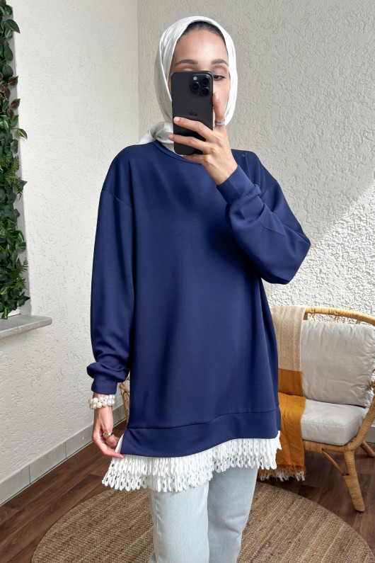 2176 Eteği Tül Detaylı Tunik - LACİVERT