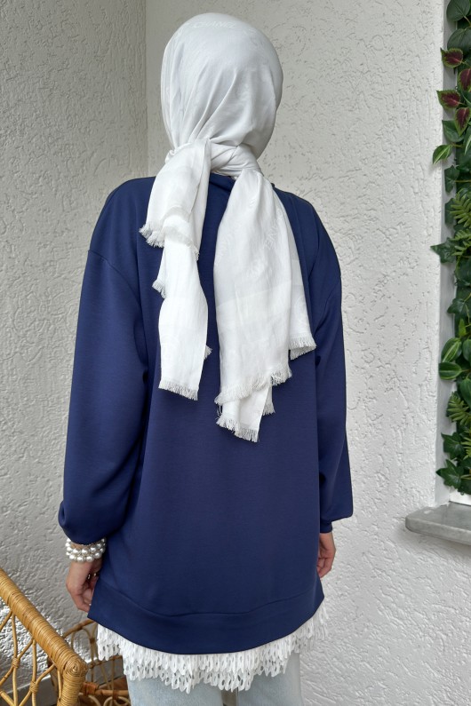 2176 Eteği Tül Detaylı Tunik - LACİVERT