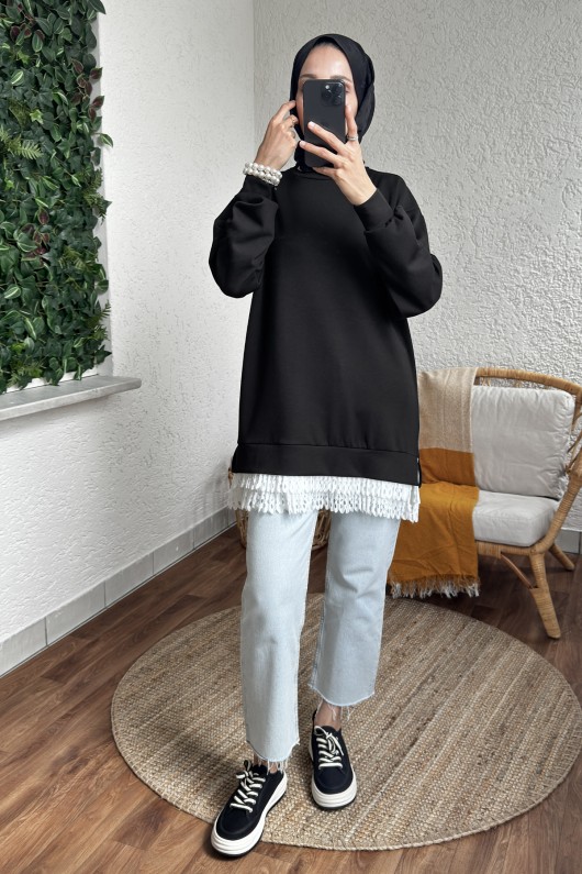 2176 Eteği Tül Detaylı Tunik - SİYAH