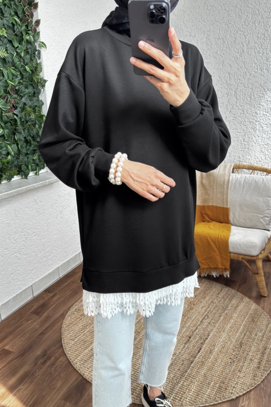 2176 Eteği Tül Detaylı Tunik - SİYAH
