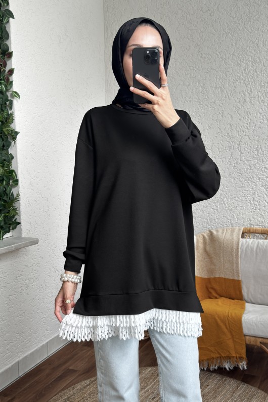 2176 Eteği Tül Detaylı Tunik - SİYAH