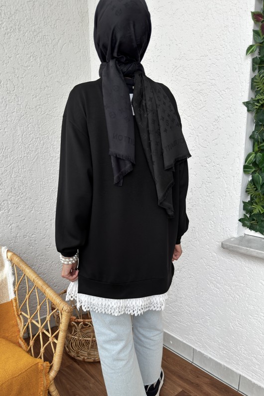 2176 Eteği Tül Detaylı Tunik - SİYAH