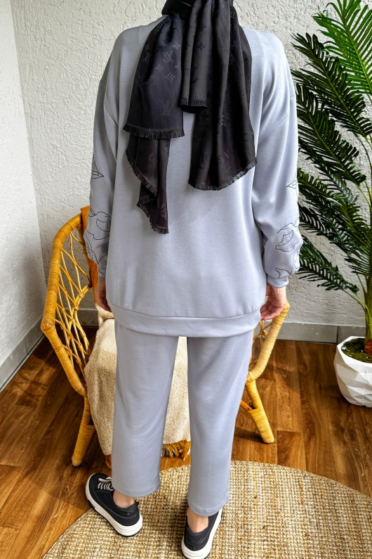 2177 Çizim Nakışlı Takım - GRİ