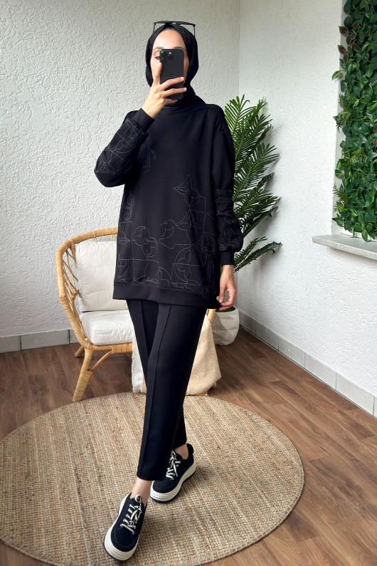 2177 Çizim Nakışlı Takım - SİYAH