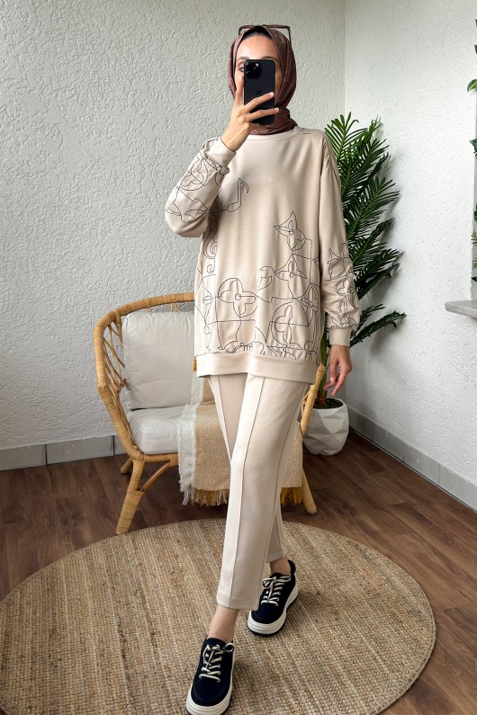 2177 Çizim Nakışlı Takım - TAŞ RENGİ 2177 Çizim Nakışlı Takım - TAŞ RENGİ