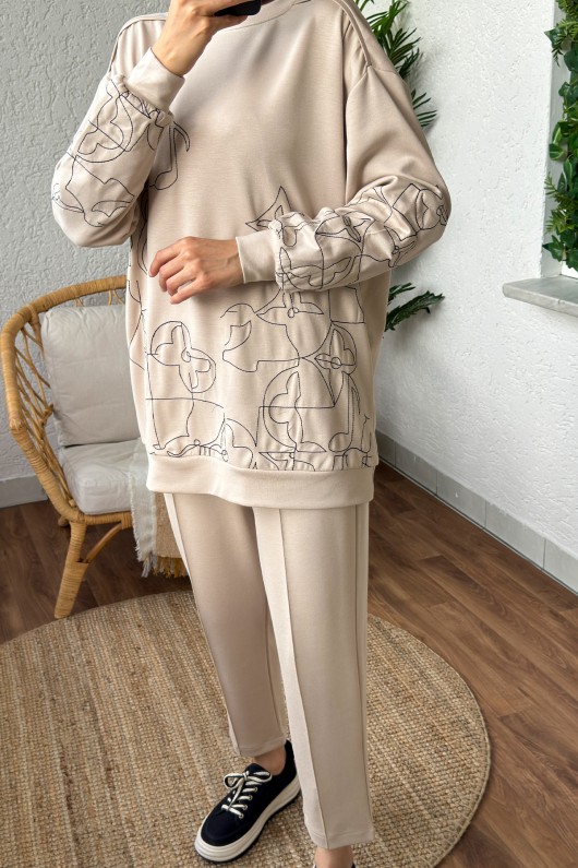 2177 Çizim Nakışlı Takım - TAŞ RENGİ 2177 Çizim Nakışlı Takım - TAŞ RENGİ