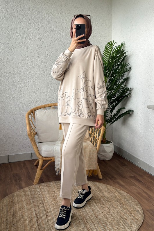 2177 Çizim Nakışlı Takım - TAŞ RENGİ 2177 Çizim Nakışlı Takım - TAŞ RENGİ