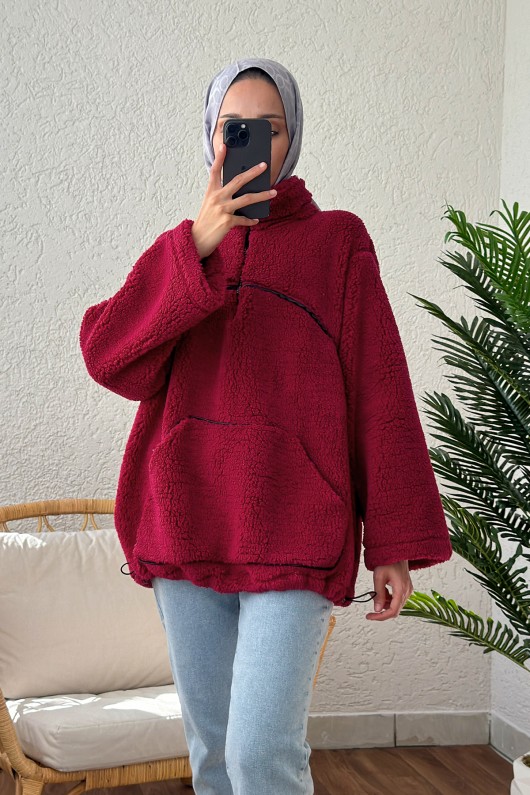 2179 Kanguru Cepli Peluş Tunik - BORDO