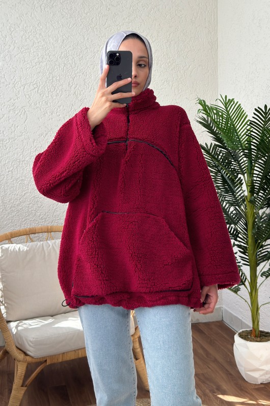 2179 Kanguru Cepli Peluş Tunik - BORDO