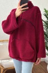 2179 Kanguru Cepli Peluş Tunik - BORDO