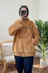 2179 Kanguru Cepli Peluş Tunik - CAMEL