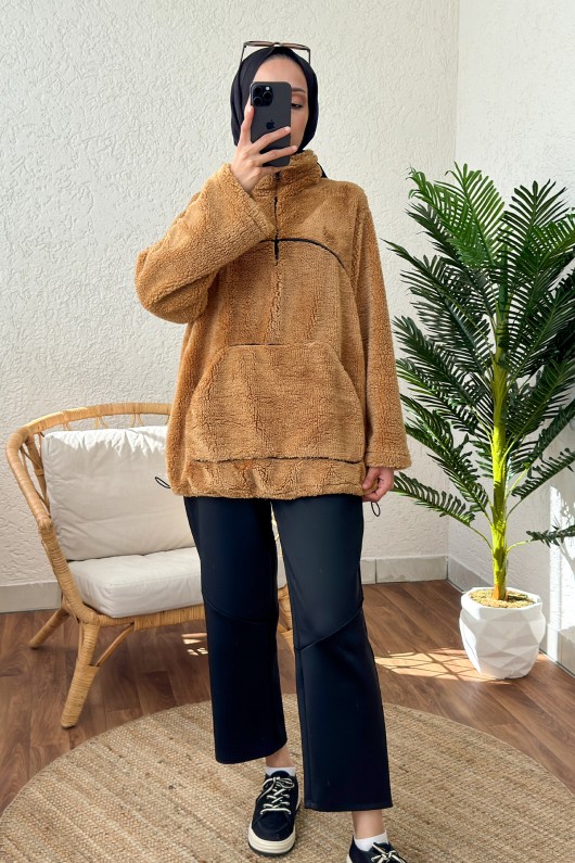 2179 Kanguru Cepli Peluş Tunik - CAMEL