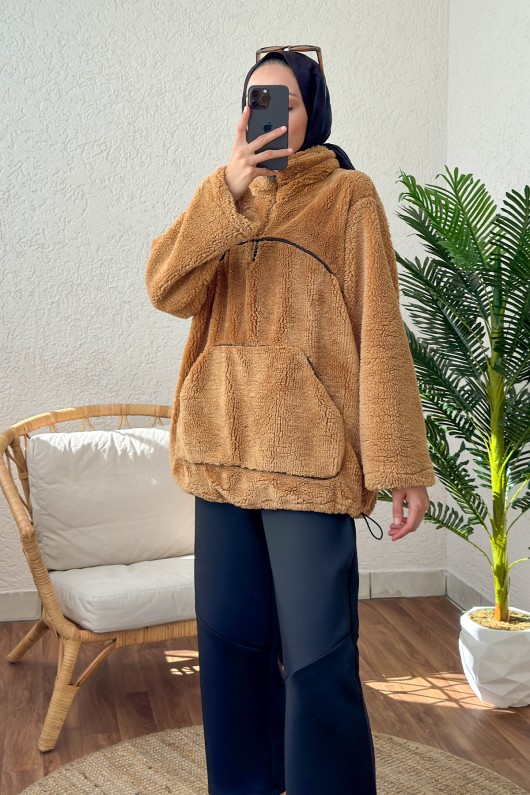 2179 Kanguru Cepli Peluş Tunik - CAMEL