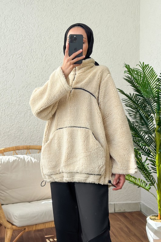 2179 Kanguru Cepli Peluş Tunik - EKRU