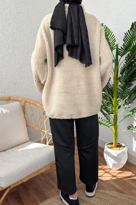 2179 Kanguru Cepli Peluş Tunik - EKRU