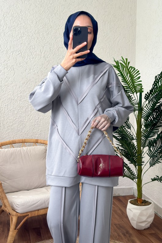 2181 Asimetrik Detaylı İkili Takım - AÇIK GRİ