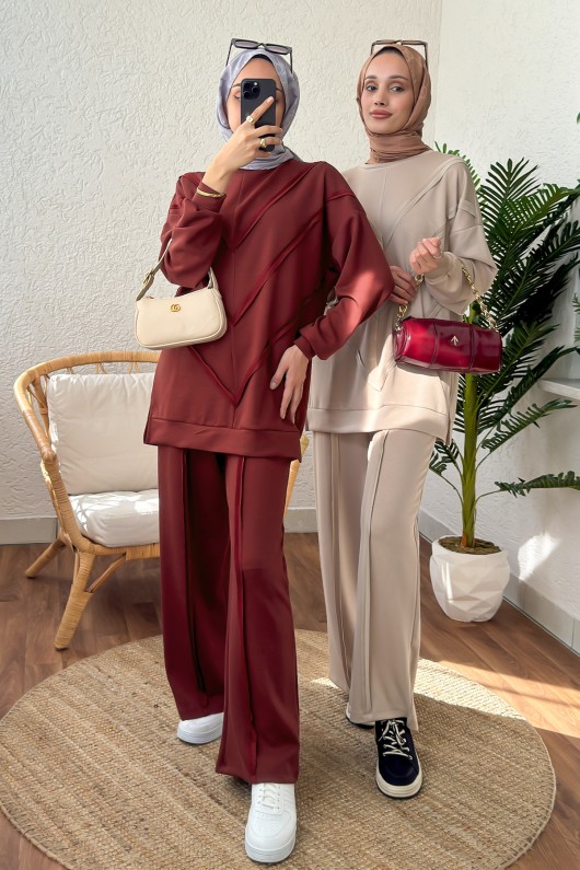 2181 Asimetrik Detaylı İkili Takım - BORDO