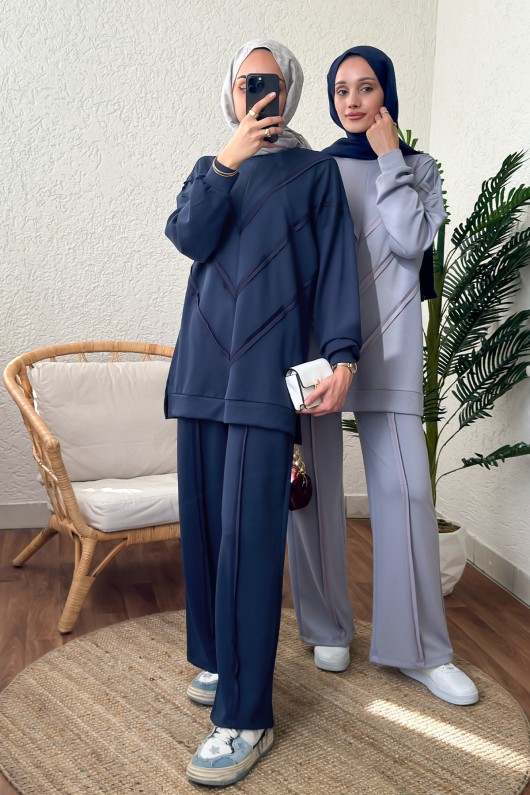 2181 Asimetrik Detaylı İkili Takım - LACİVERT