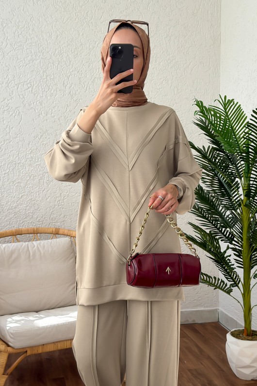 2181 Asimetrik Detaylı İkili Takım - TAŞ RENGİ