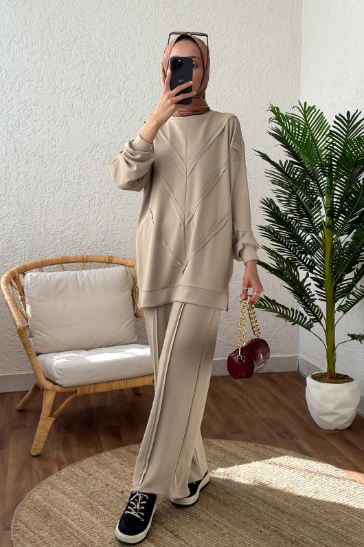 2181 Asimetrik Detaylı İkili Takım - TAŞ RENGİ