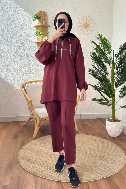 2182 Sim Biyeli Eşofman Takım - BORDO