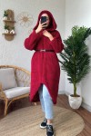 2183 Kapüşonlu Uzun Peluş Kap - BORDO