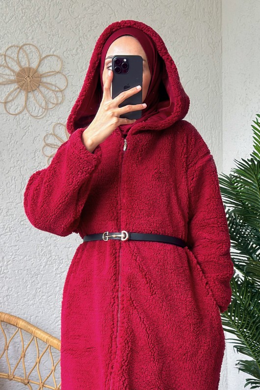 2183 Kapüşonlu Uzun Peluş Kap - BORDO