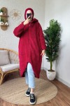 2183 Kapüşonlu Uzun Peluş Kap - BORDO