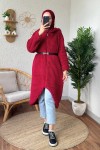 2183 Kapüşonlu Uzun Peluş Kap - BORDO