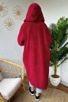 2183 Kapüşonlu Uzun Peluş Kap - BORDO