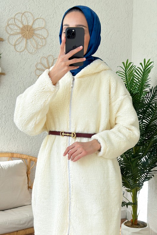 2183 Kapüşonlu Uzun Peluş Kap - KREM